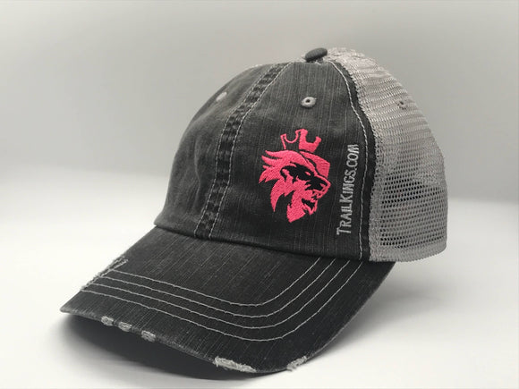 Hats - Distressed Black with Grey Back with Pink Logo