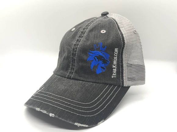 Hats - Distressed Black with Grey Back with Blue Logo