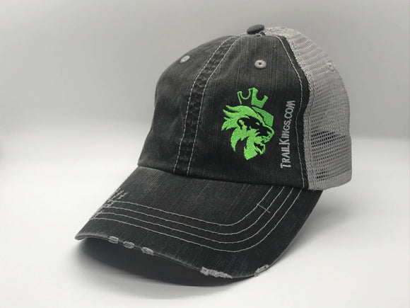 Hats - Distressed Black with Grey Back with Green Logo