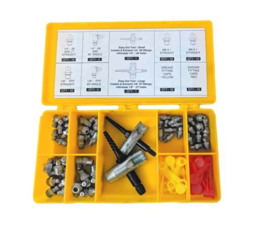 COMPLETE GREASE FITTING REPLACEMENT KIT - SAE AND METRIC ZERKS, MULTI-TOOLS, FITTING CAPS